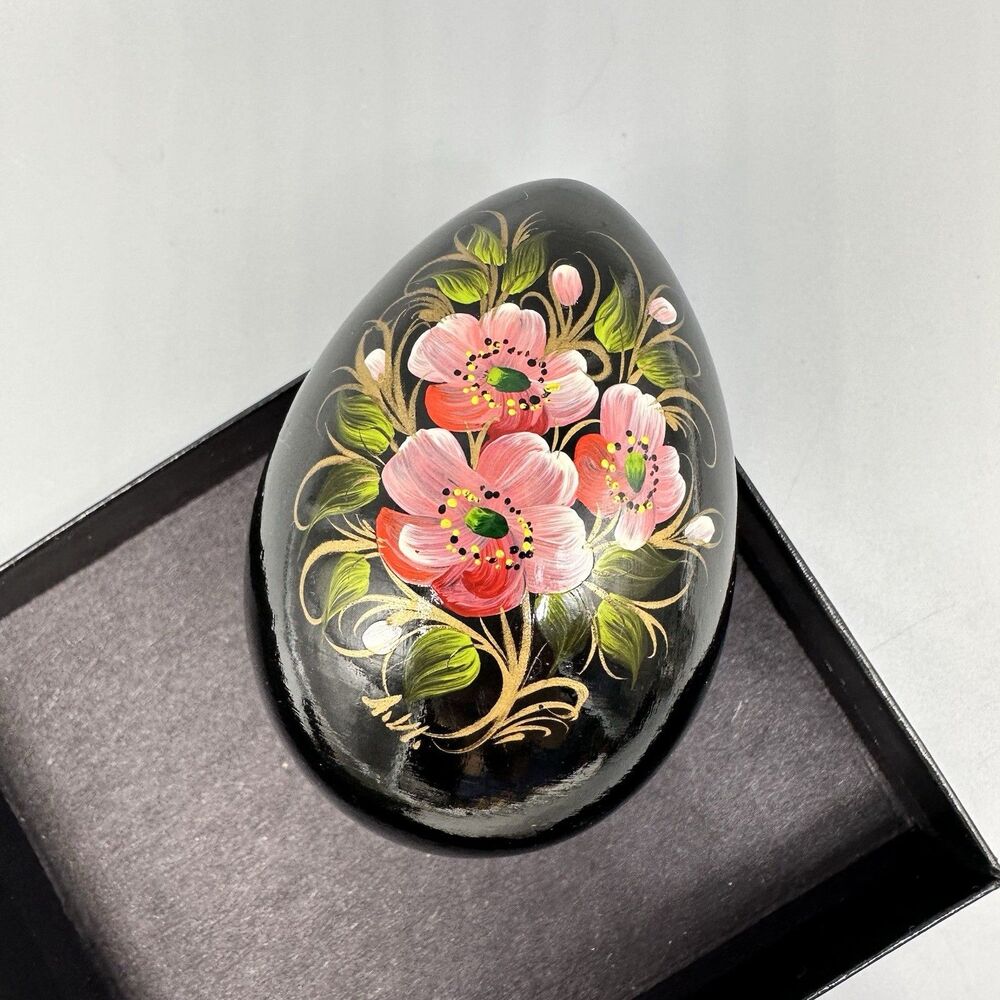 Pysanky Pisanka Ukrainian Black Wooden Egg Hand Painted Pink Flowers
